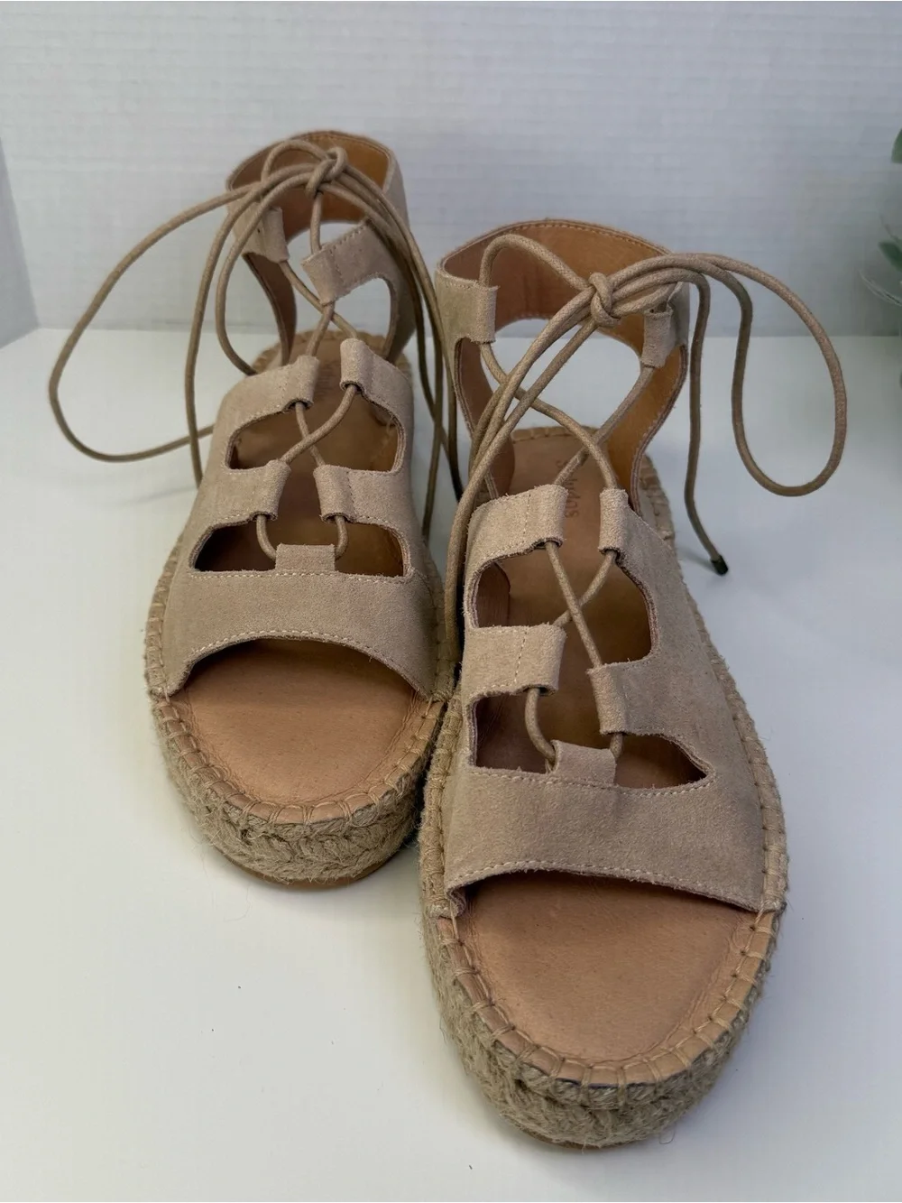 Soludos Sedona Ghillie Espadrille Nude Suede Boho Lace-Up Sandals Womens Size 9